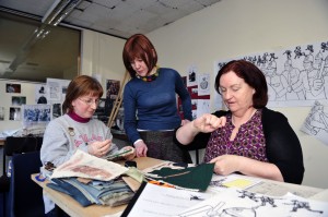 Cathy Henderson, Centre with Volunteers Elizabeth Brennan (left) and Mary Hunter working on the Bloody Sunday Panel of the 1913 Tapestry