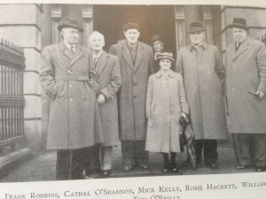 Rosie Hackett with Frank Robbins, Cathal O'Shannon, Mick Kelly, Bill O'Brien and Tom O'REilly outside Liberty Hall 