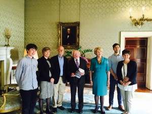 Meeting President Higgins and Sabena Higgins May 25th, 2015. Left to Right: Jack Cantillon, Katherine O'Donnell, Padraig Yeates, President Michael D Higgins, Sabena Higgins, Simon Yeates and Geraldine Regan