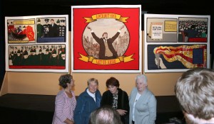 Left to Right: Mary O'Reilly, B, Bernie Murphy and Tess Flynn with the Centre Panel of the Tapestry at its  launch by President Michael D Higgins in Liberty Hall, September 1913